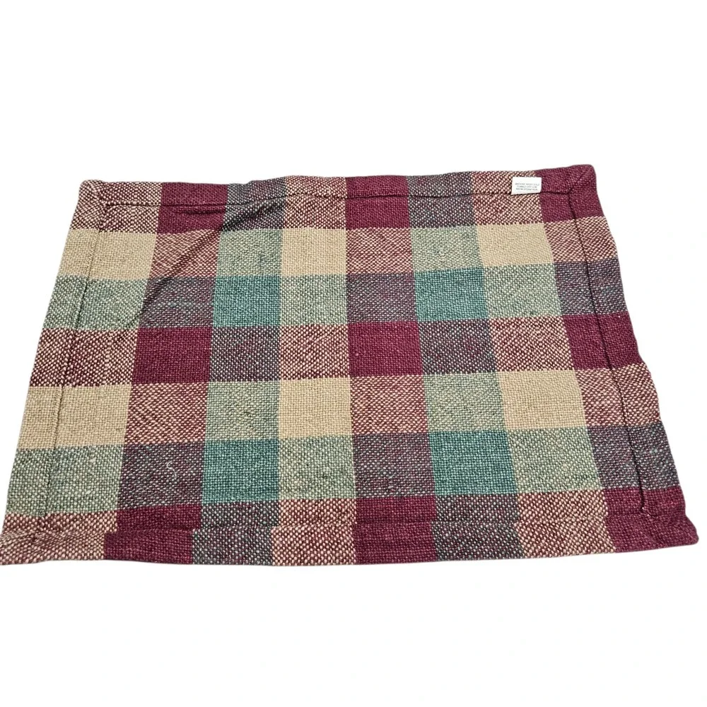 Pottery Barn Placemats Set of 8 Cotton Woven Plaid Burgundy Teal Beige Country‎